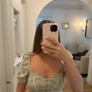 Checkered Green Puff Sleeve Crop Top